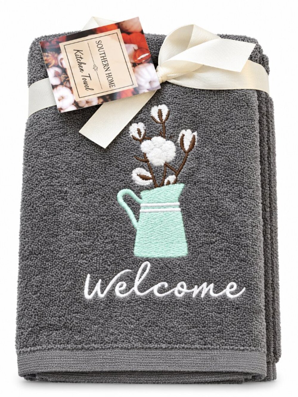 Welcome Spring Hand Towels Watering Can Embroidered Bathroom Gray Set of 2